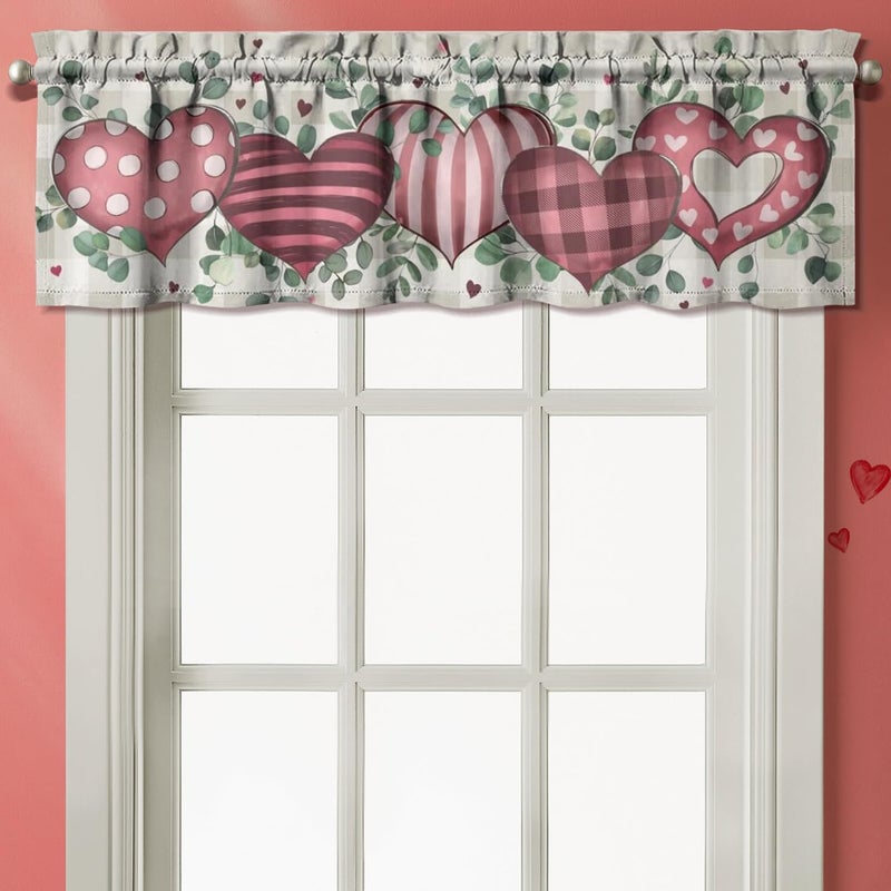 Xsinufn Valentines Day Kitchen Curtains Valances and Tiers 3 Piece Set,Eucalyptus Buffalo Plaid Love Hearts Farmhouse Rod Pocket Kitchen Cafe Curtain Over Sink Window for Autumn Decor 36 Inch (Pink) - Image 3